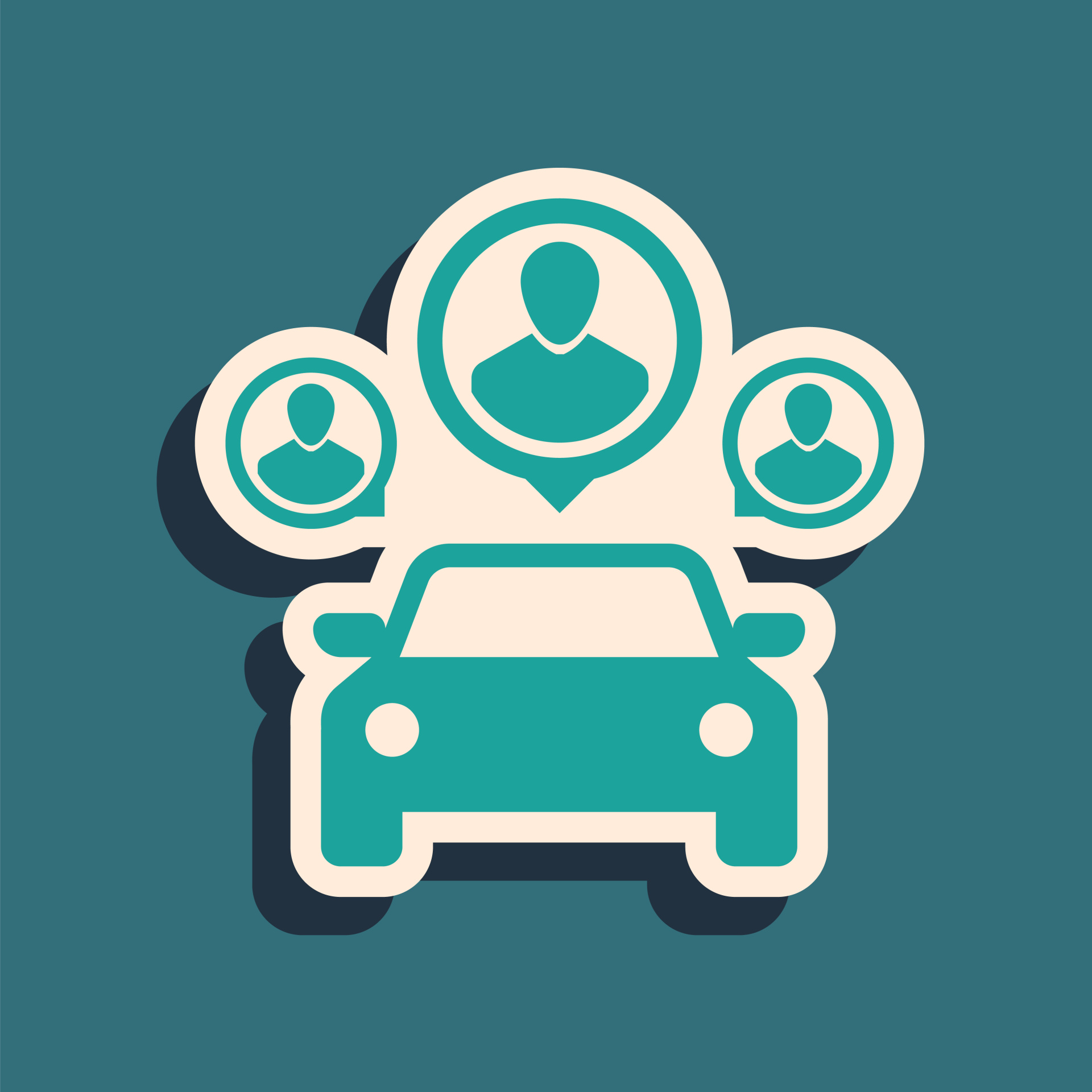 Green Car sharing with group of people icon isolated on blue background. Carsharing sign. Transport renting service concept. Long shadow style. Vector Illustration Green Car sharing with group of people icon isolated on blue background. Carsharing sign. Transport renting service concept. Long shadow style. Vector Illustration