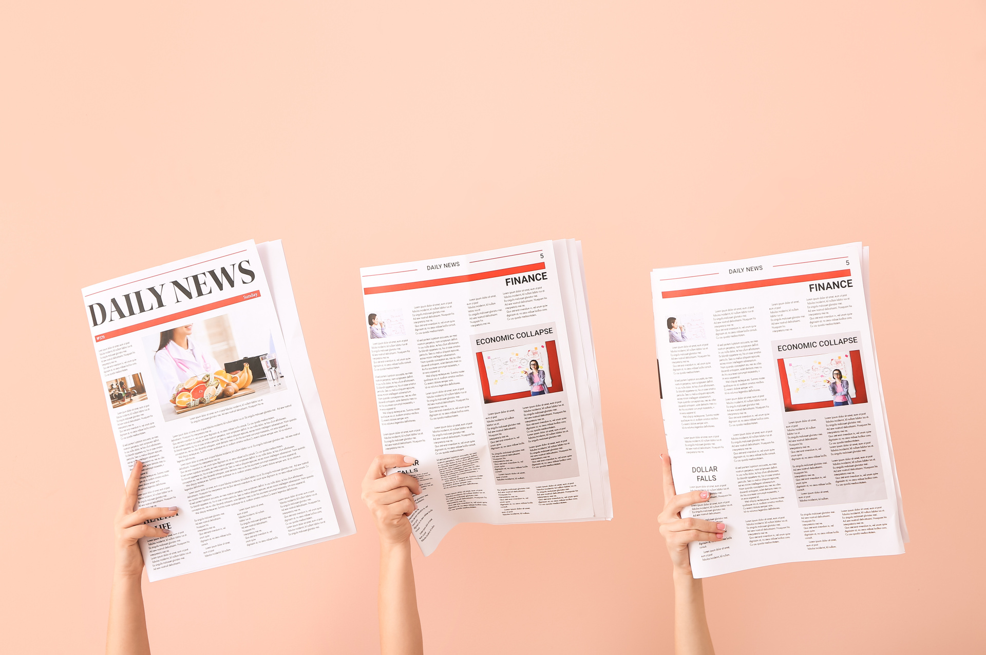 Female hands with newspapers on color background Female hands with newspapers on color background