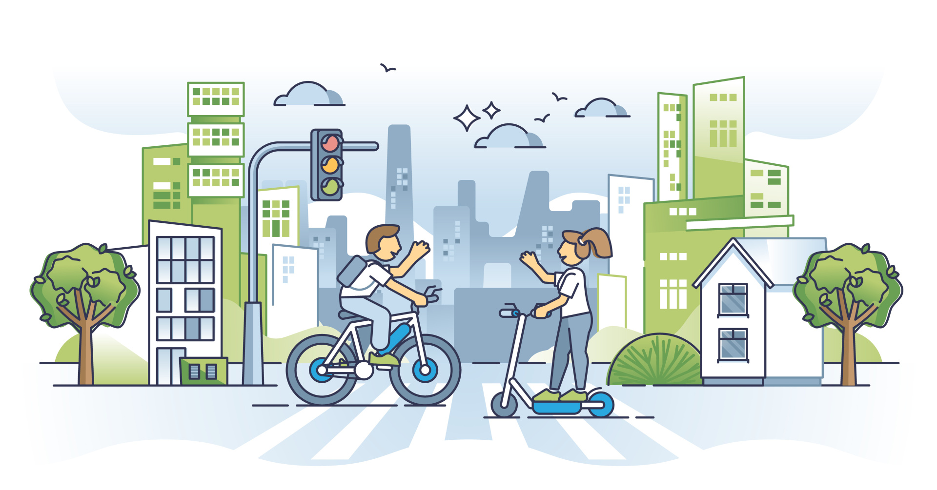 Micromobility as sustainable urban transportation method outline concept. Environmental and nature friendly daily bicycle or scooter rental service to reduce vehicle emissions vector illustration. Micromobility as sustainable urban transportation method outline concept. Environmental and nature friendly daily bicycle or scooter rental service to reduce vehicle emissions vector illustration.