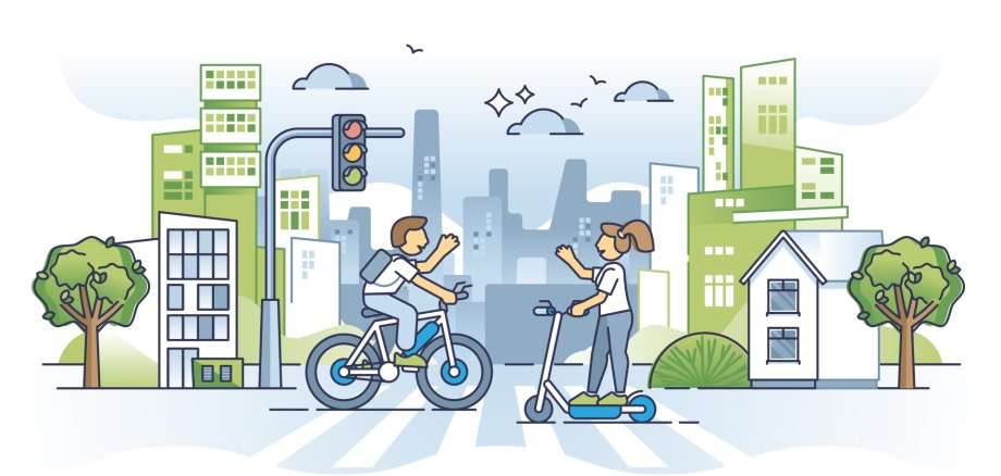 Micromobility as sustainable urban transportation method outline concept. Environmental and nature friendly daily bicycle or scooter rental service to reduce vehicle emissions vector illustration.