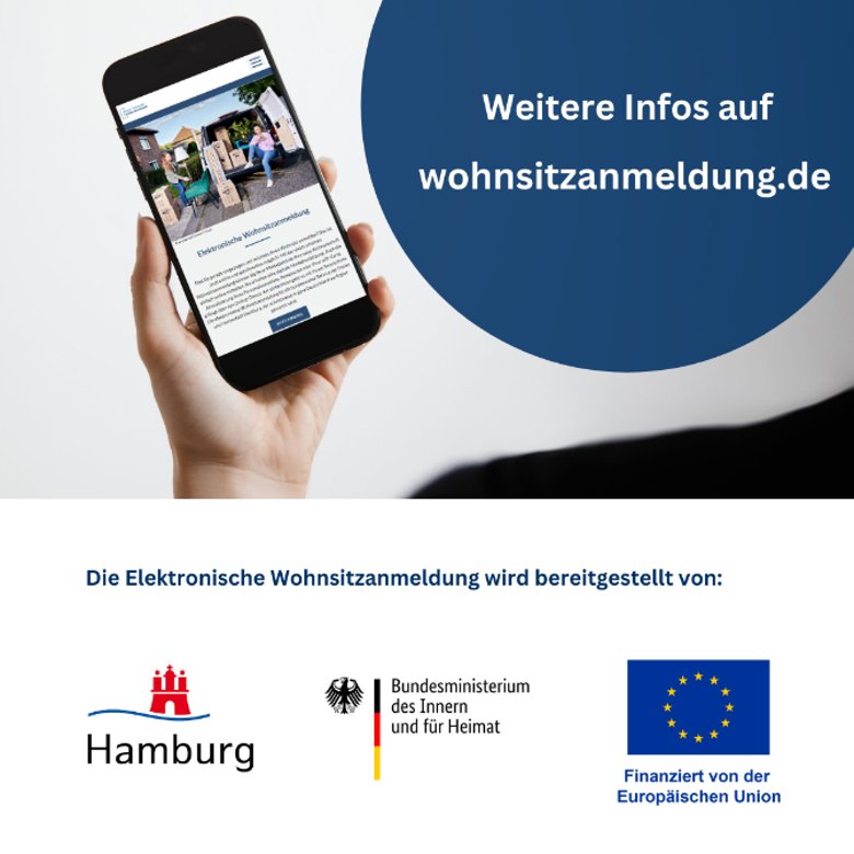 Elektronische Wohnsitzanmeldung Ein Smartphone auf dessen Bildschirm die Startseite des Online-Dienstes "Elektronische Wohnsitzanmeldung" sichtbar ist. Daneben findet sich die Adresse der Webseite.
