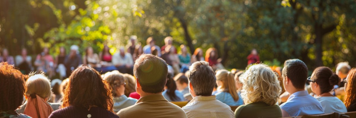 Aufnahme verschiedener Menschen (von hinten) bei einer Veranstaltung draußen.