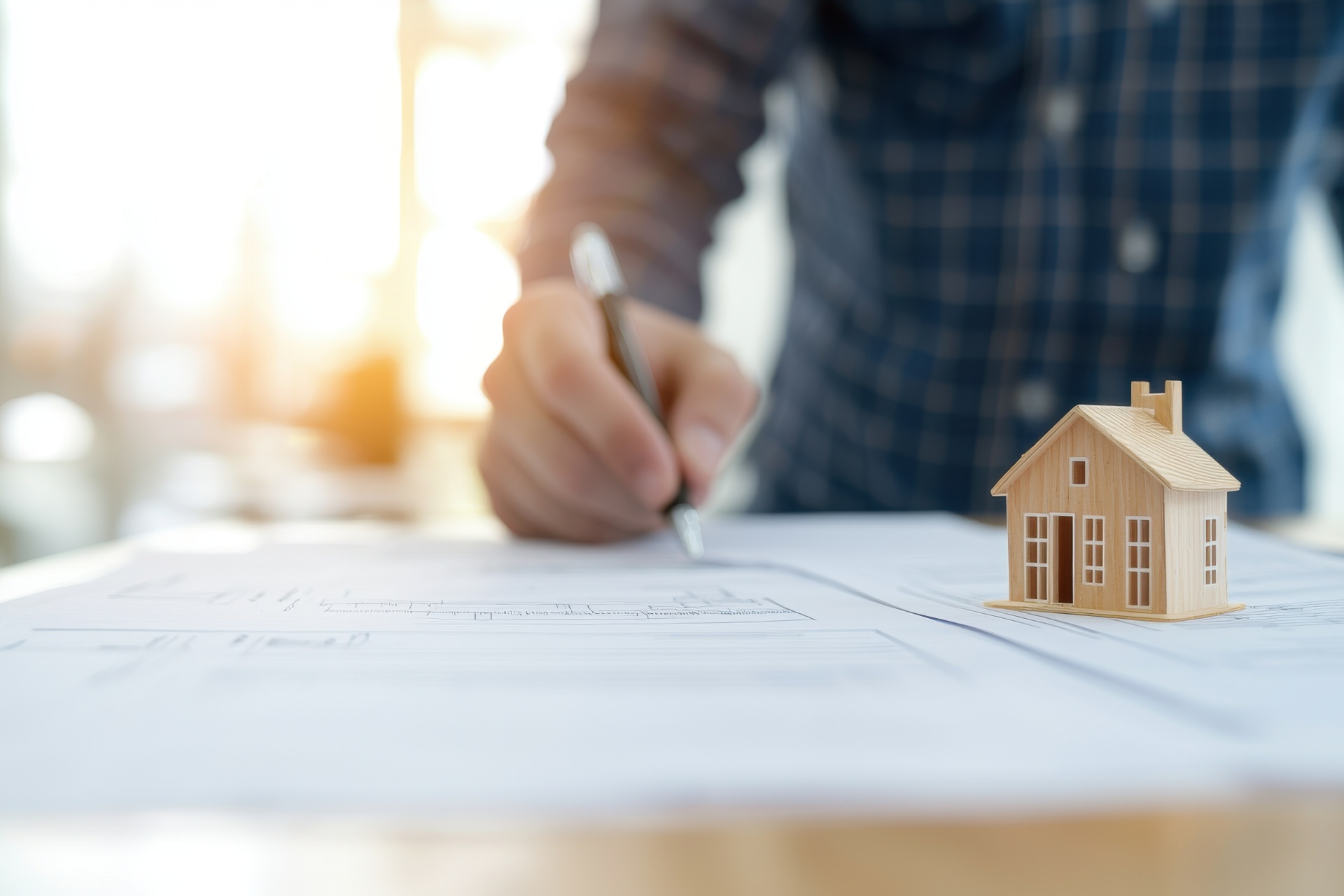 Eine Person sitzt über einem Bauplan