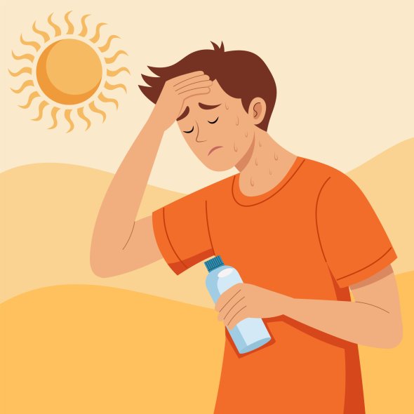 illustration of a man suffering from extreme heat under the sun, and is sweating profusely. wiping his forehead with one hand while holding a water bottle in the other.