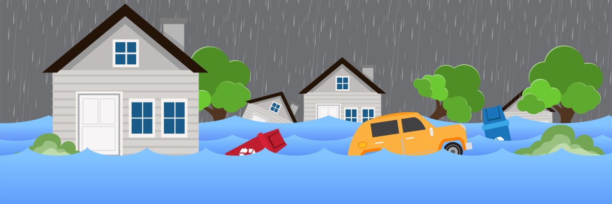 Flood natural disaster with house, heavy rain and storm , damage with home, flooding water in city
