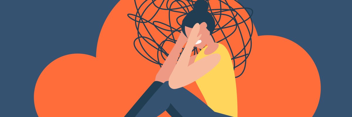 Person mit Linienknäuel über dem Kopf Eine flache Illustration einer kauernden Person, die ihr Gesicht mit der Hand bedeckt. Über ihrem Kopf befindet sich ein großes, dunkles Knäuel aus wirren Linien.