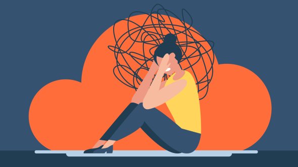 Eine flache Illustration einer kauernden Person, die ihr Gesicht mit der Hand bedeckt. Über ihrem Kopf befindet sich ein großes, dunkles Knäuel aus wirren Linien.