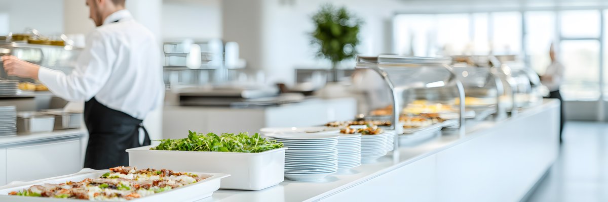 Eine Kantine mit einem Koch und die Theke mit Speisen