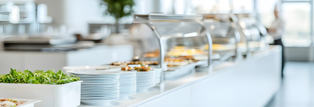 Eine Kantine mit einem Koch und die Theke mit Speisen