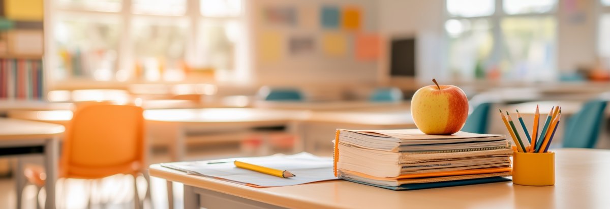 Ein Tisch in einem Klassenzimmer mit Büchern, Stiften und einem Apfel auf einem Tisch