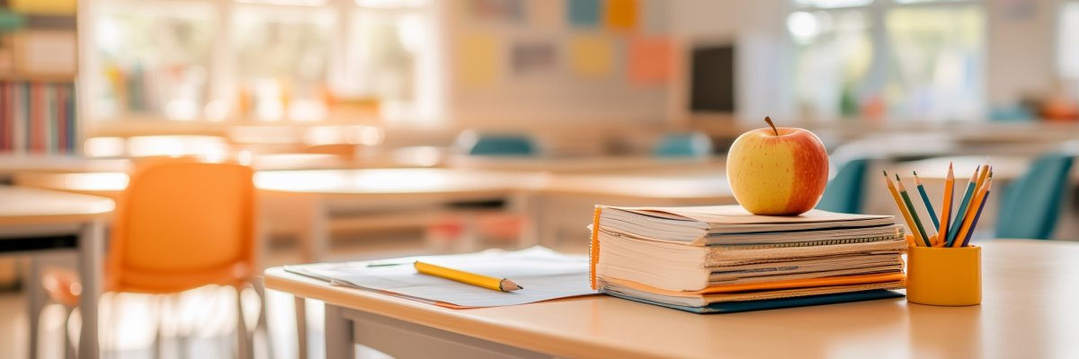 Ein Tisch in einem Klassenzimmer mit Büchern, Stiften und einem Apfel auf einem Tisch