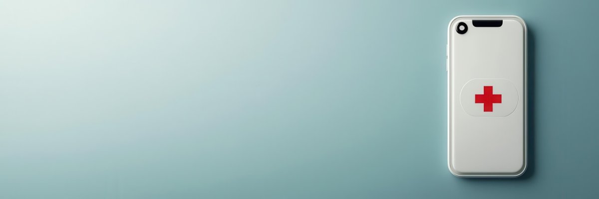 Smartphone mit rotem Kreuz Ein weißes Smartphone liegt auf einem hellblauen Untergrund. Auf der Rückseite des Geräts ist ein weißer Kreis mit einem roten Kreuz zu sehen.