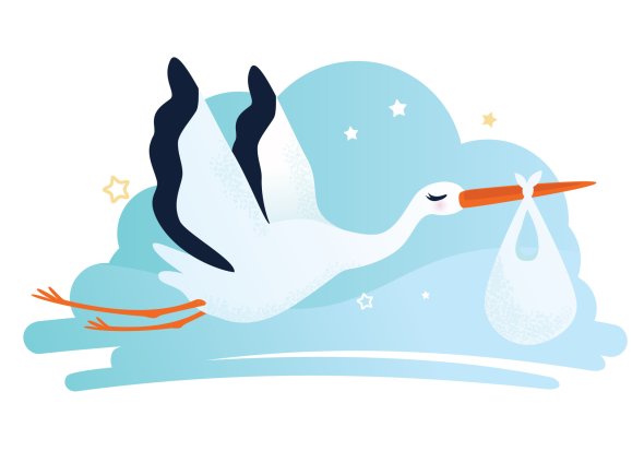 Storch mit Babybündel Illustration eines fliegenden Storchs, der ein weißes Bündel im Schnabel trägt.