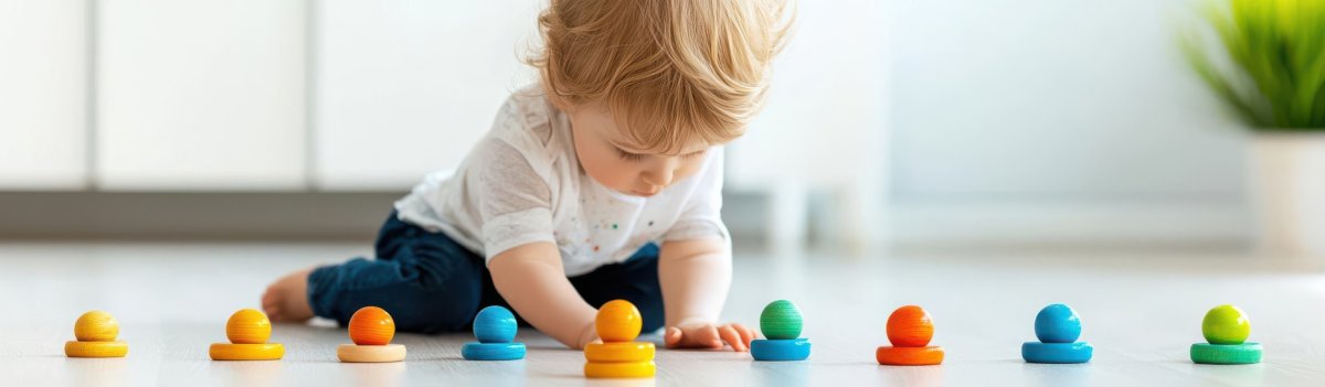 Ein Kleinkind das mit Holzspielzeug spielt