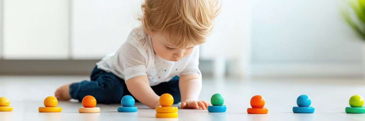 Ein kleines Kind sitzt auf dem Boden und spielt mit bunten Holzfiguren, die in einer Reihe aufgestellt sind.