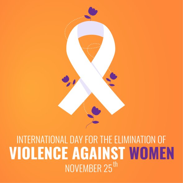 International Day for the Elimination of Violence against Women square greeting card, banner, template. Vector illustration with orange gradient background, lettering, date and ribbon. Internationaler Tag zur Beseitigung von Gewalt gegen Frauen