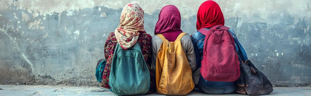 Drei Flüchtlingskinder die vor einer Wand sitzen