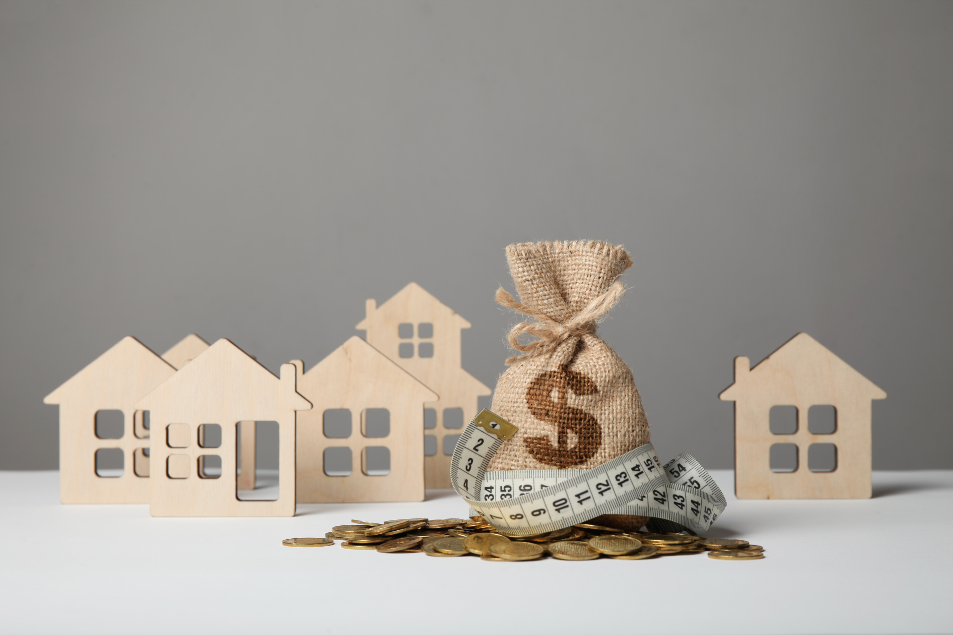 Modell-Häuser aus Holz und ein Geldsack