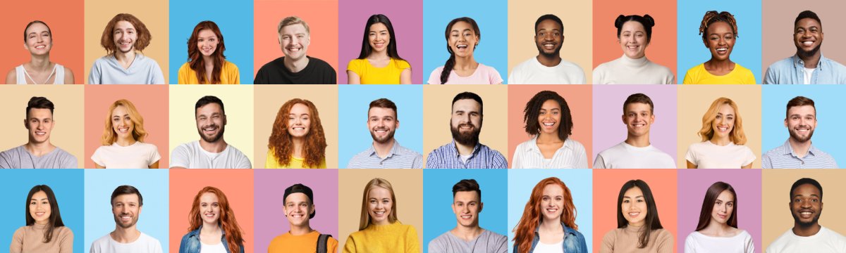 Porträts von verschiedenen Menschen auf einem PLakat