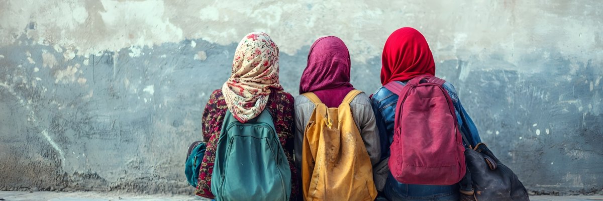 Drei Flüchtlingskinder die vor einer Wand sitzen