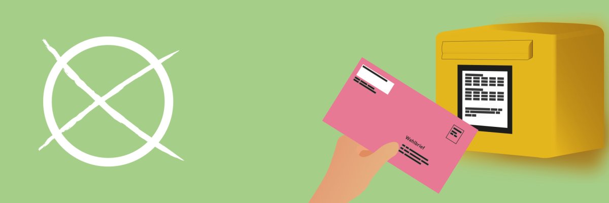 Moderne und einfache Illustration einer Wahl in Deutschland. Zu sehen sind ein großes Kreuz links, ein Briefkasten rechts und ein Wahlbrief der dort eingeworfen wird. Der Hintergrund ist grün.