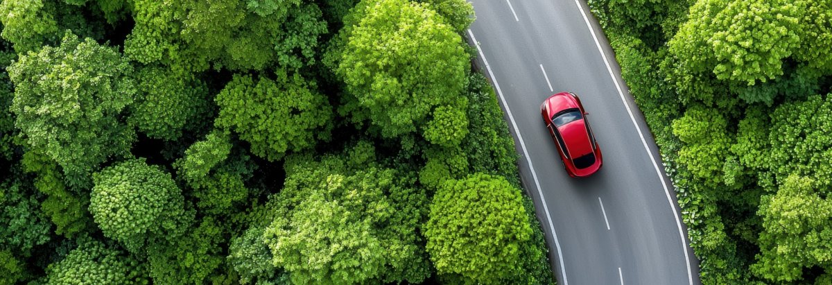 Ein rotes Auto fährt über eine Straße umgeben von Wald; Vogelperspektive