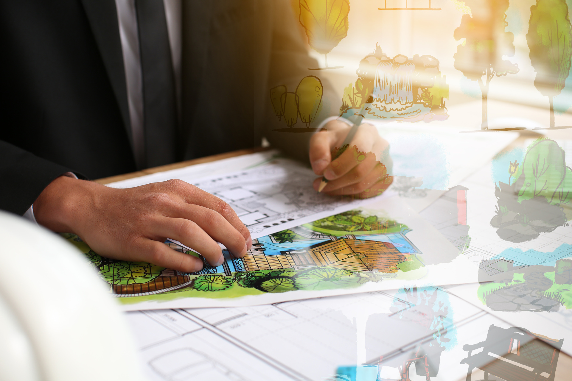 Person mit Plan und Skizzen Eine Person im dunklen Anzug arbeitet an einem Bauplan, über den farbige, transparente Skizzen einer Haus- und Gartenanlage mit Bäumen und Wasserflächen gelegt sind.