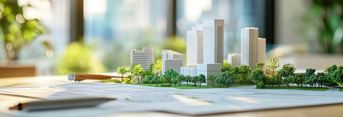 Explore a detailed view of an urban planner's workspace showcasing blueprints and models focused on sustainable city development and green infrastructure solutions. Exponat mit Häusern und Grünflächen