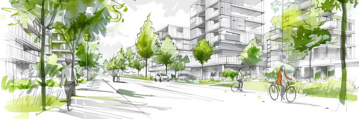 Eine farbige Architektur-Skizze einer modernen Straße mit mehrstöckigen, quaderförmigen Gebäuden. Es sind Fußgänger und Radfahrer auf der Straße zu sehen.