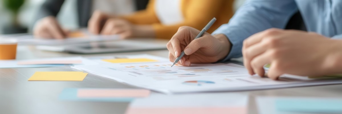 Nahaufnahme von Händen, die mit einem Stift auf Diagramme und Grafiken auf einem weißen Tisch zeigen. Im Hintergrund sind weitere Personen unscharf erkennbar.